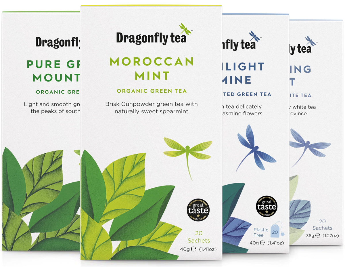 Dragonfly Organic Green Tea Collection - 80 Teabags | 4 Varieties | Compostable Bags