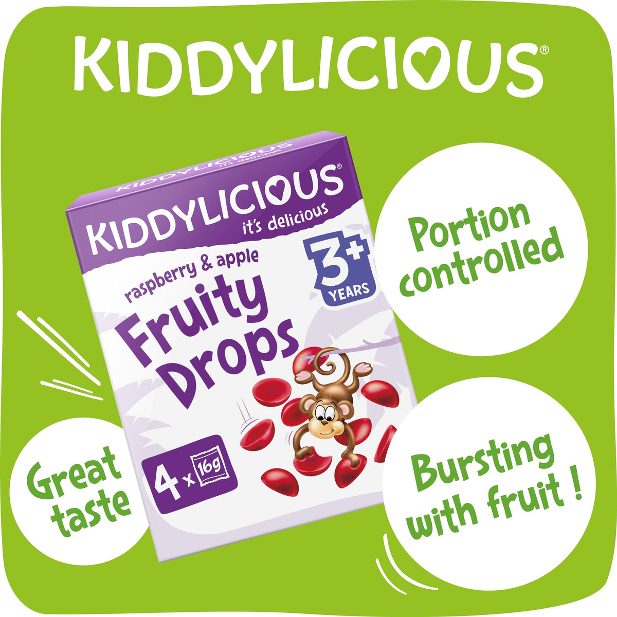 Kiddylicious Raspberry & Apple Fruity Drops - 95% Fruit Snack | Gluten Free | Suitable from 3 Years