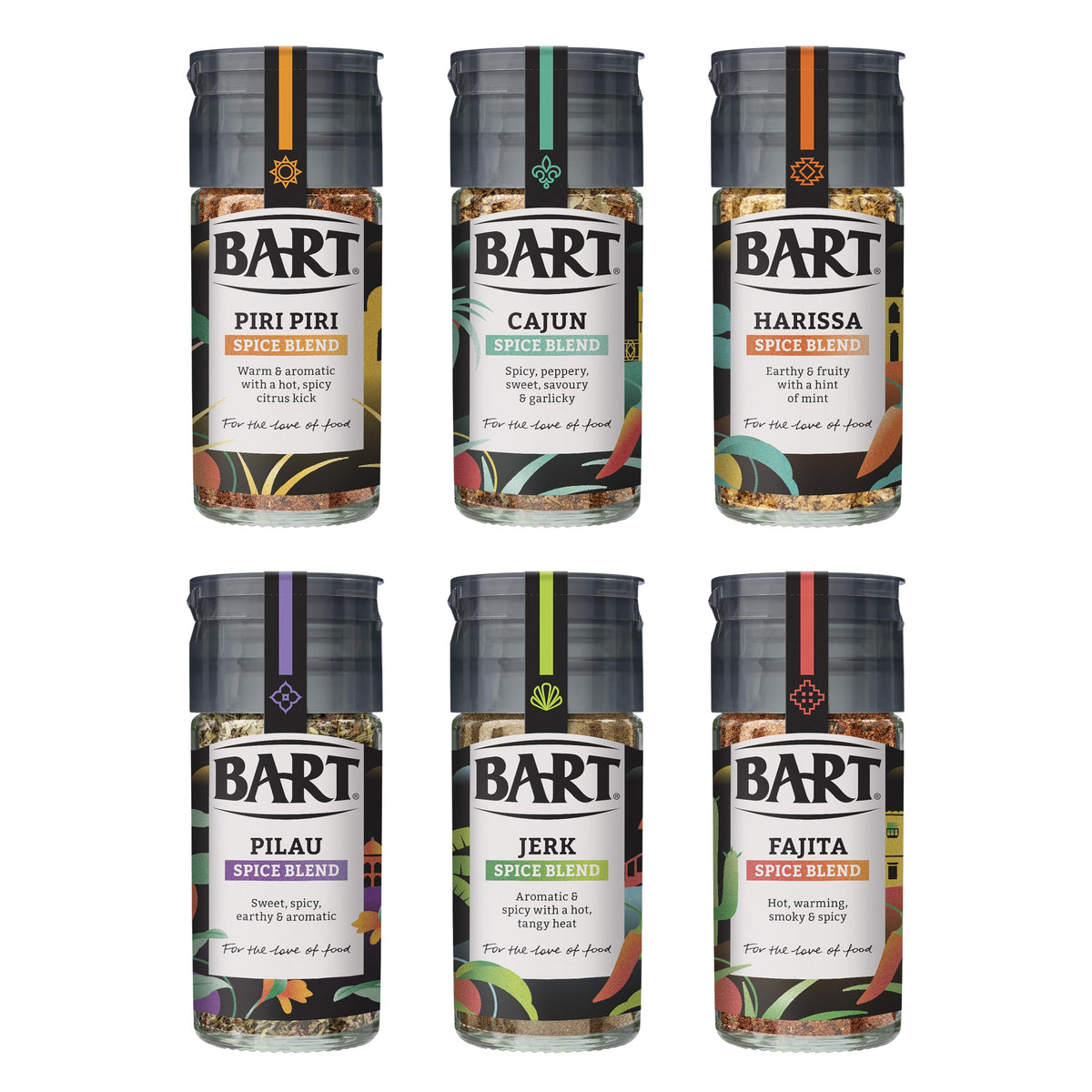 BART Spice Blend Collection - Ras el Hanout, Piri Piri, Pilau, Jerk, Harissa, Cajun - 6 Piece Set