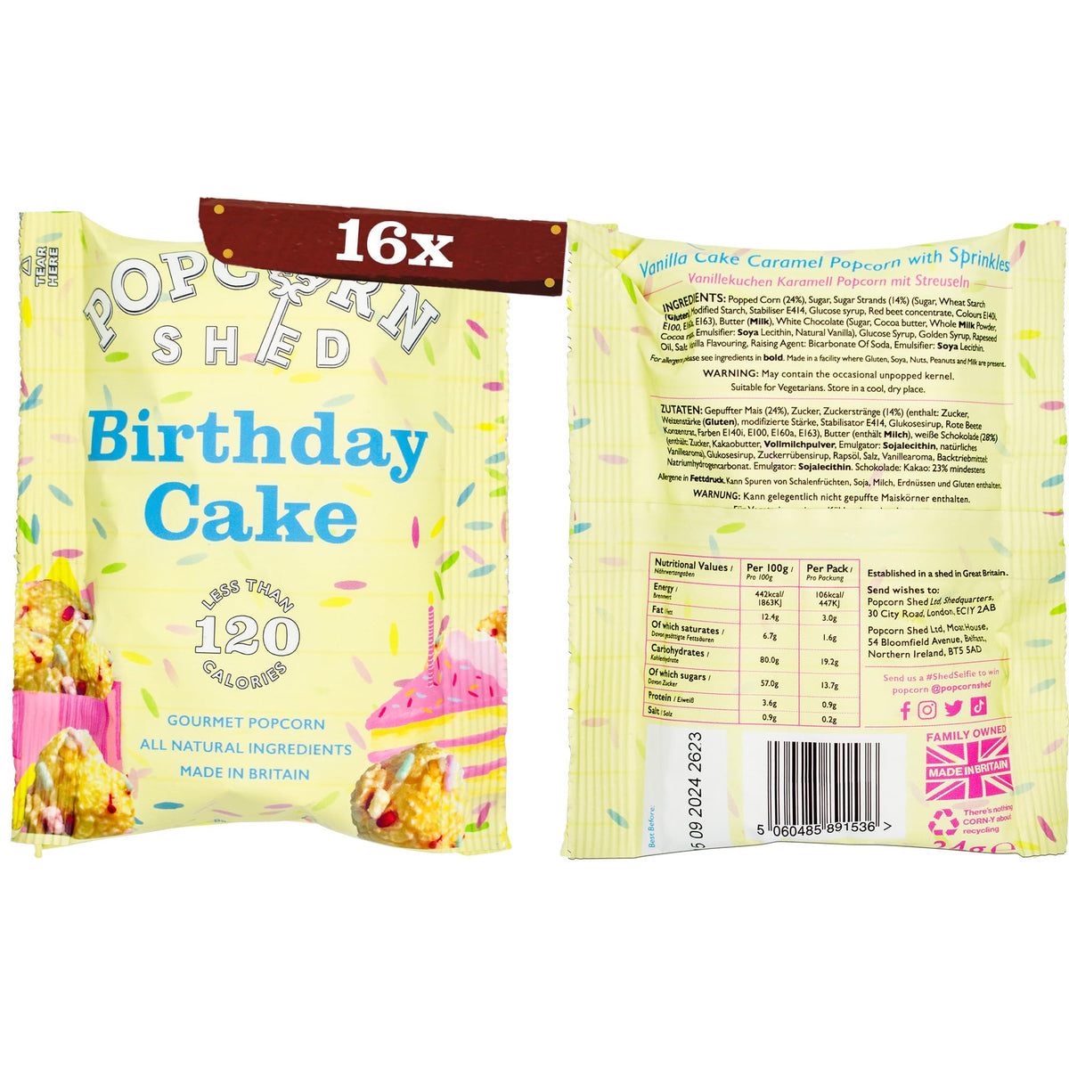 Popcorn Shed Birthday Cake Gourmet Popcorn - Vanilla Caramel, 16 x 24g Packs 8