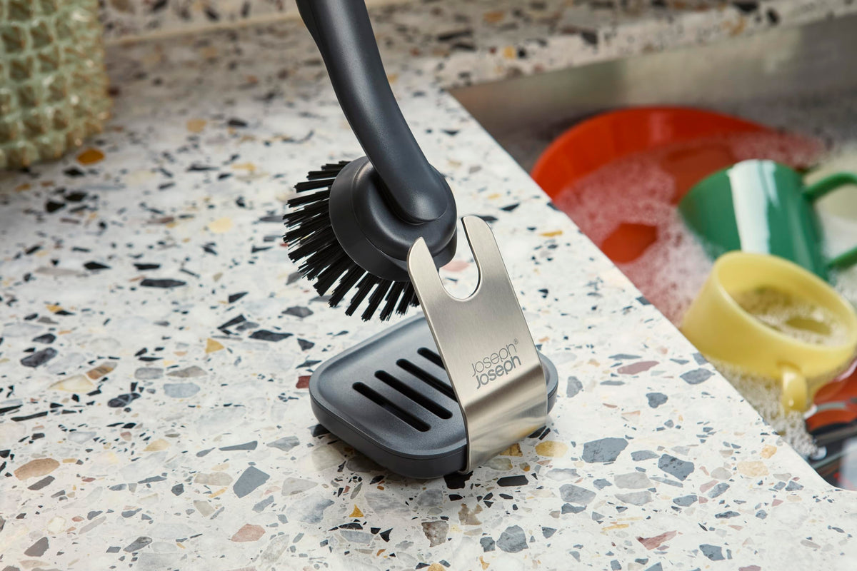 Joseph Joseph SinkTech Dish Brush with Stainless-Steel Storage Stand - Graphite | Integrated Pan Scraper | Replaceable Head 6
