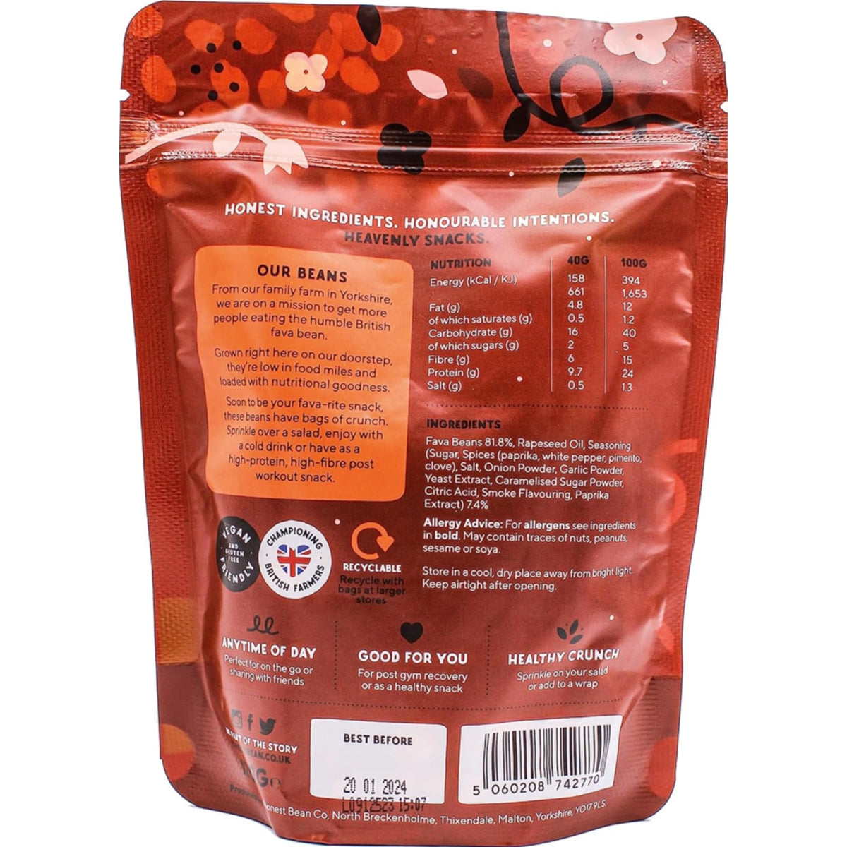 The Honest Bean Co Roasted Fava Bean BBQ Snack - 120g Pack of 6 2