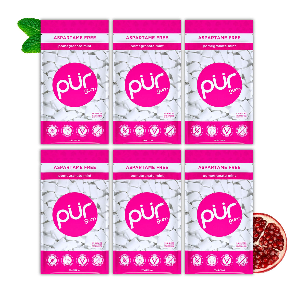 PUR Gum Pomegranate Mint Sugar Free Chewing Gum - Xylitol Sweetened, Vegan, Aspartame Free | 55 Count (Pack of 6)