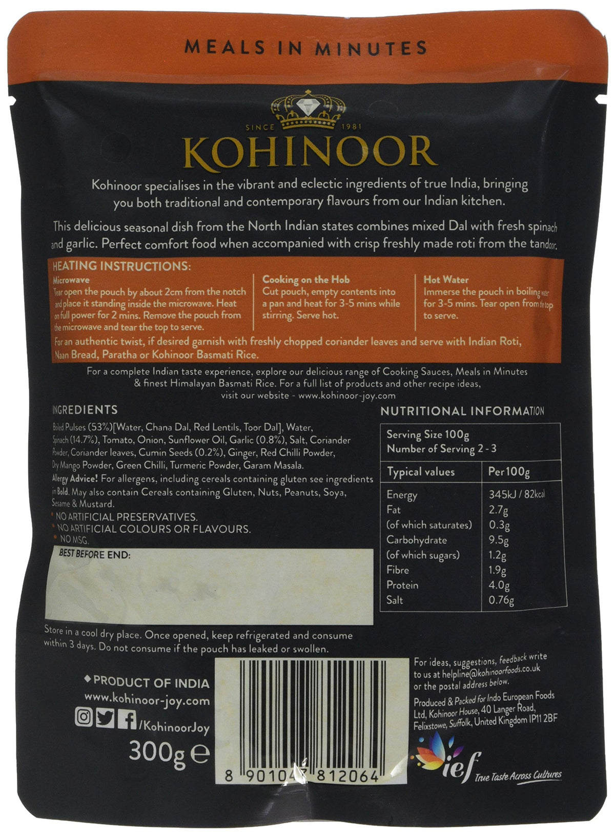 Kohinoor Dal Palak - Mixed Pulses with Spinach, Garlic & Cumin | 300g Pouches | Pack of 6