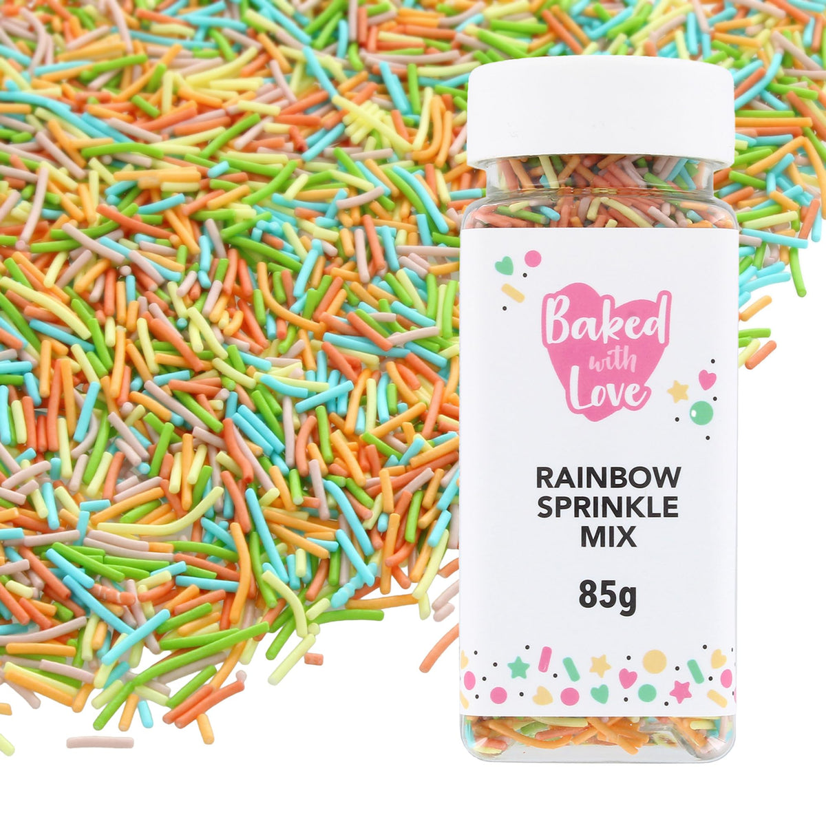 Baked with Love Rainbow Sprinkles - 85g Bottle | Edible Cake Decorations | Multi-Coloured Sugar Strands