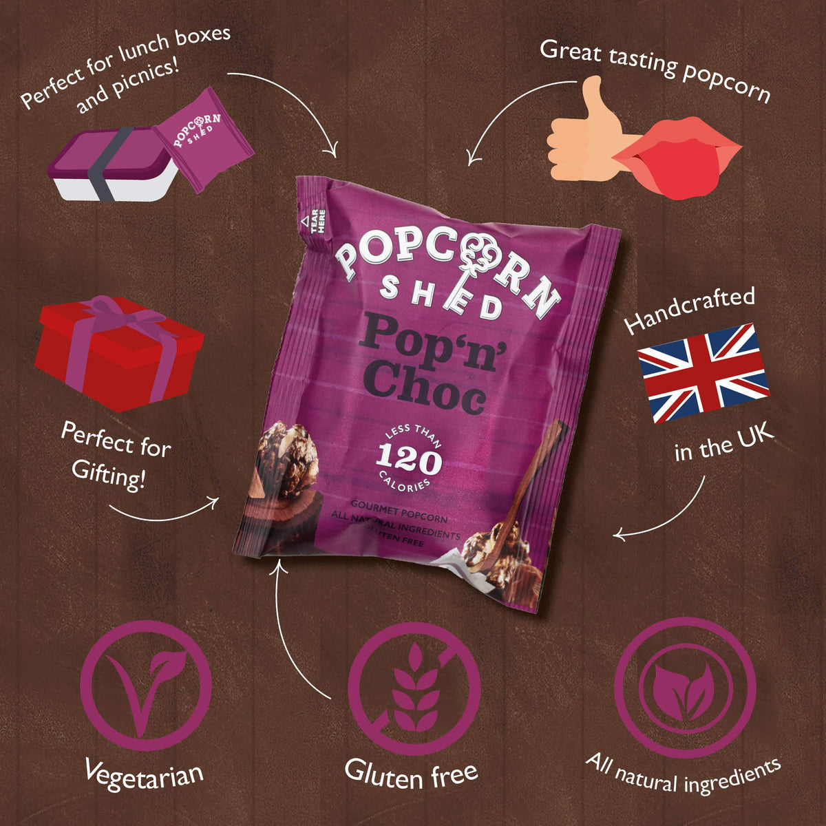 Popcorn Shed Pop N Choc Gourmet Popcorn Snack Pack - Chocolate Caramel Flavour, 24g 4
