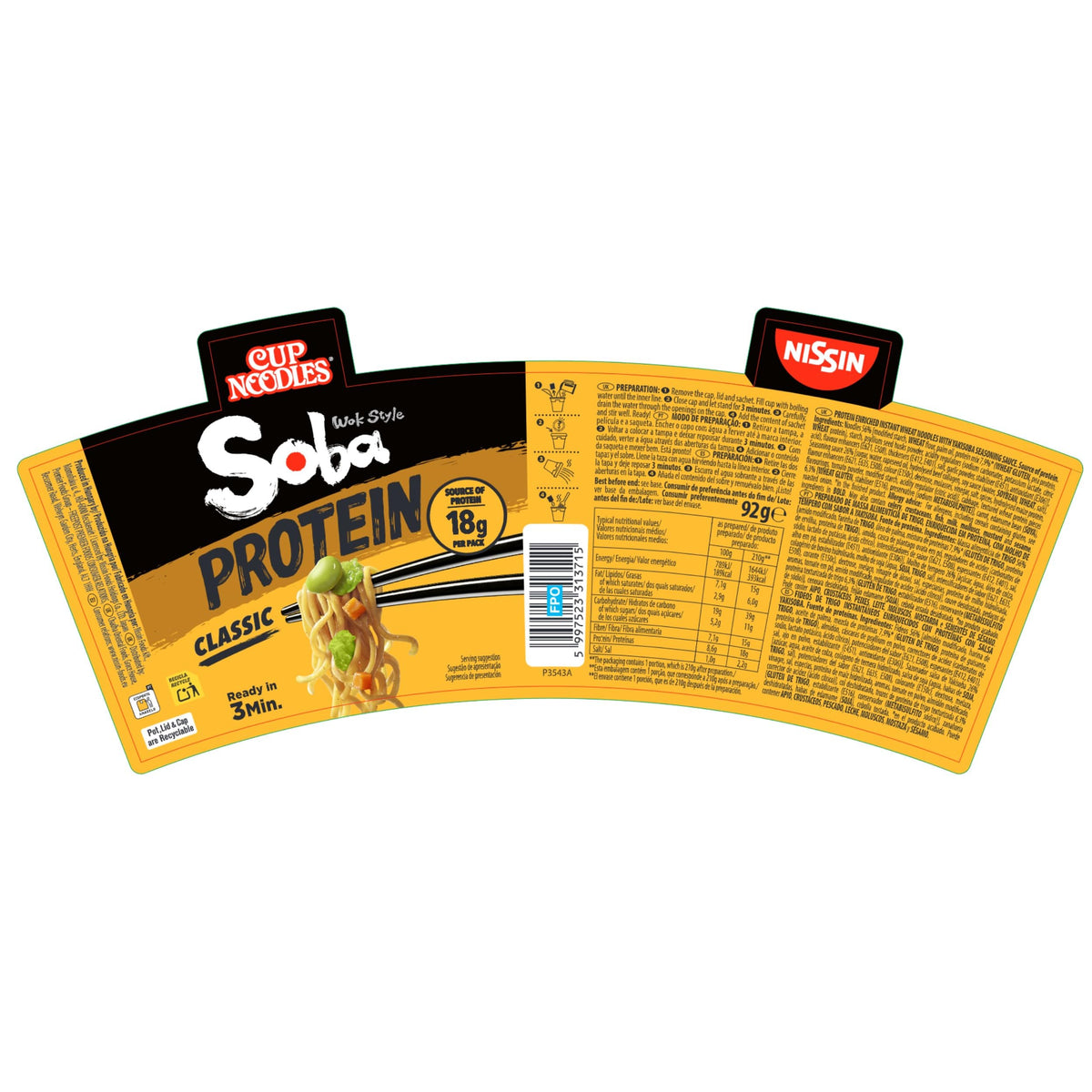 NISSIN Soba Protein Classic Instant Noodles - 18g Protein, 90g Pots (8-Pack) 8