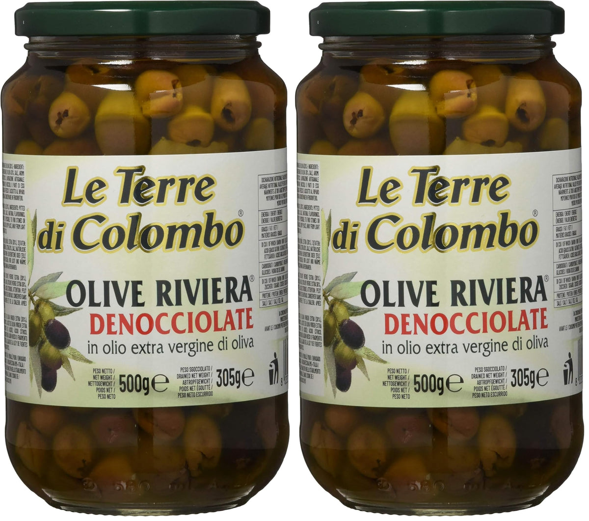 Le Terre di Colombo Pitted Riviera Olives in Extra Virgin Olive Oil - 500g Jar (Pack of 2)