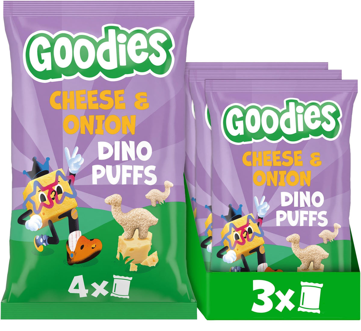 Goodies Dino Puffs Cheese & Onion Wholegrain Snacks - 3 x 12g Packs, For Ages 3+
