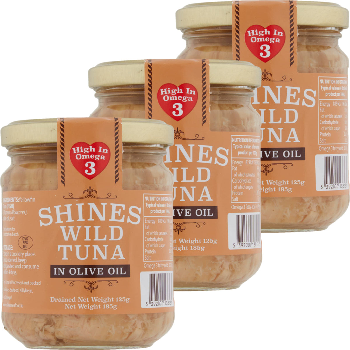 Shines Wild Yellowfin Tuna in Olive Oil - 3 x 185g Glass Jars - High Protein | Low Carb | Omega 3