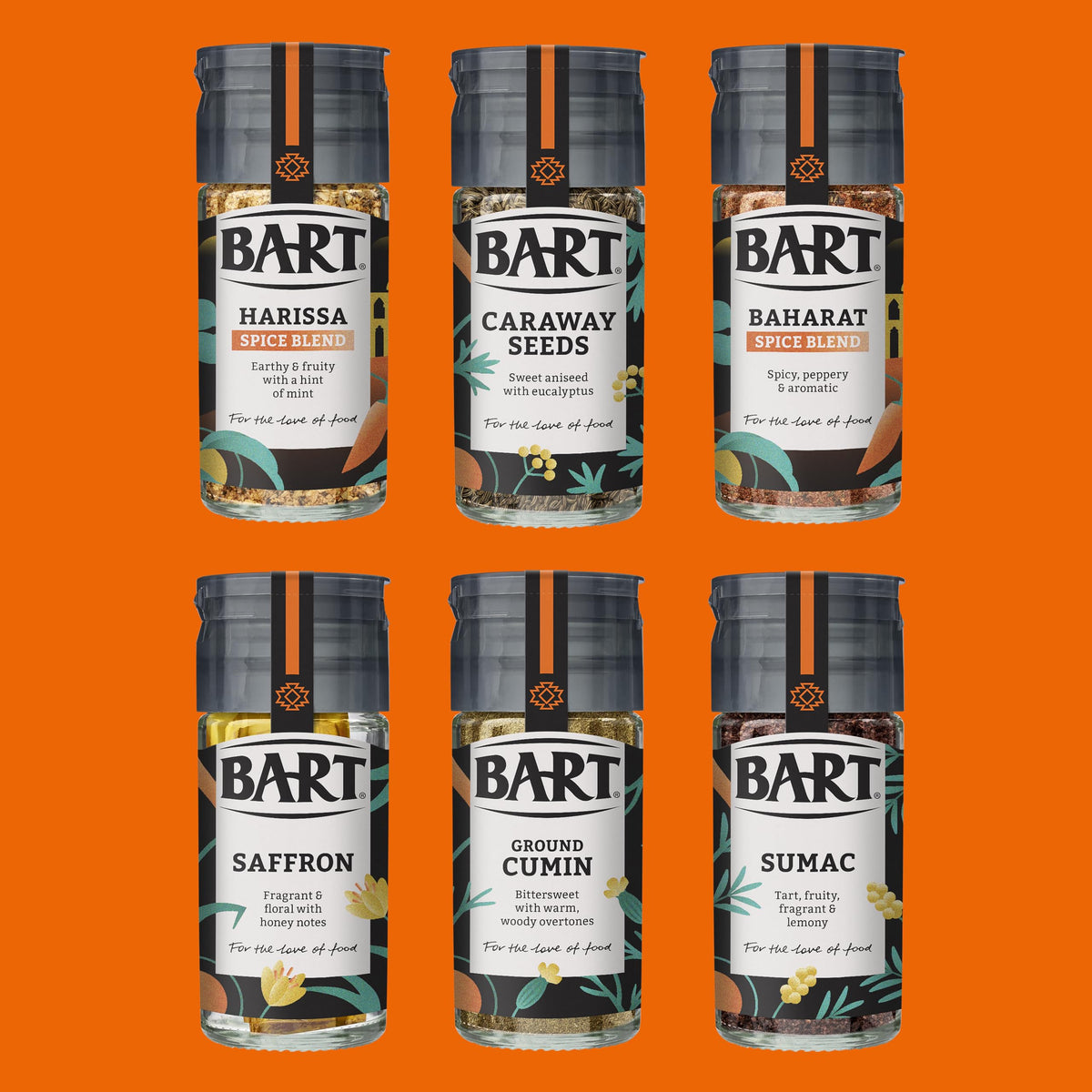 BART Middle Eastern Spice Collection - Sumac, Caraway Seeds, Saffron, Baharat, Harissa, Cumin | 6 x 31.73g 2