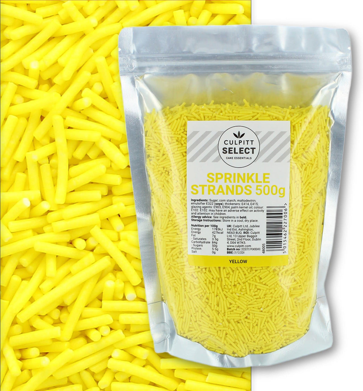 Culpitt Select Yellow Sugar Strand Sprinkles - 500g Pouch | Edible Decorations | Baking & Desserts