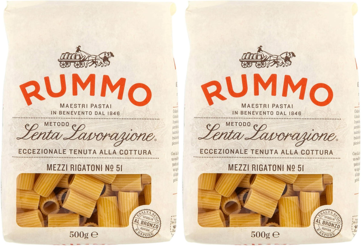 Rummo Mezzi Rigatoni Pasta No.51 - 500g Pack of 2 | Authentic Italian Short Pasta