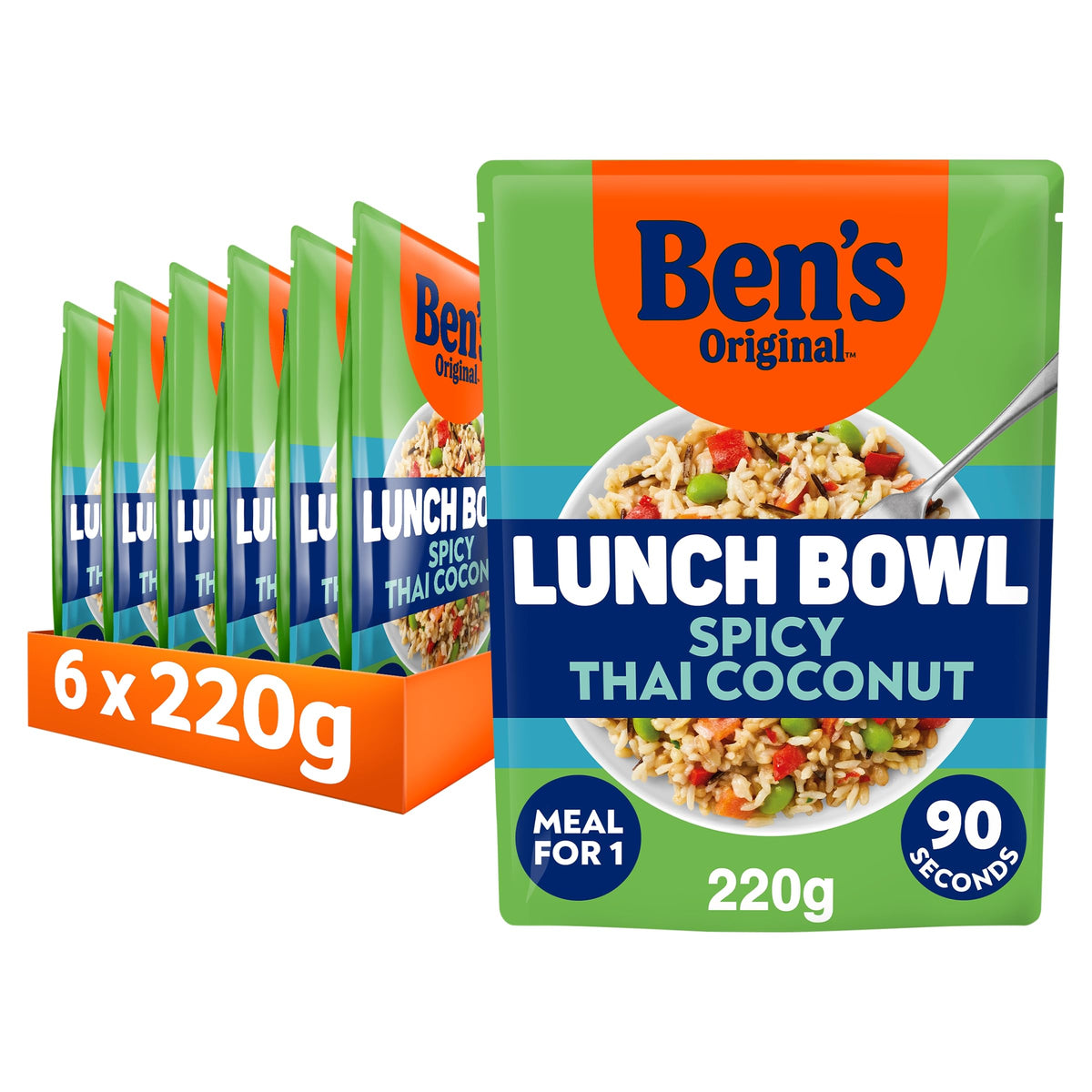 Ben's Original Lunch Bowl Thai Style Coconut Grains and Rice - Vegetarian, High Fibre, 90 Second Microwave Meal (6 x 220g)