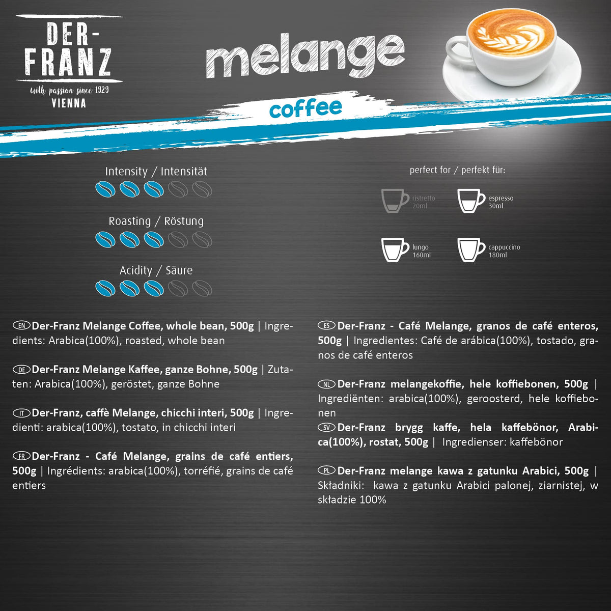 Der-Franz Melange Coffee Beans - Traditional Viennese Blend | 100% Arabica | 3 x 500g 3
