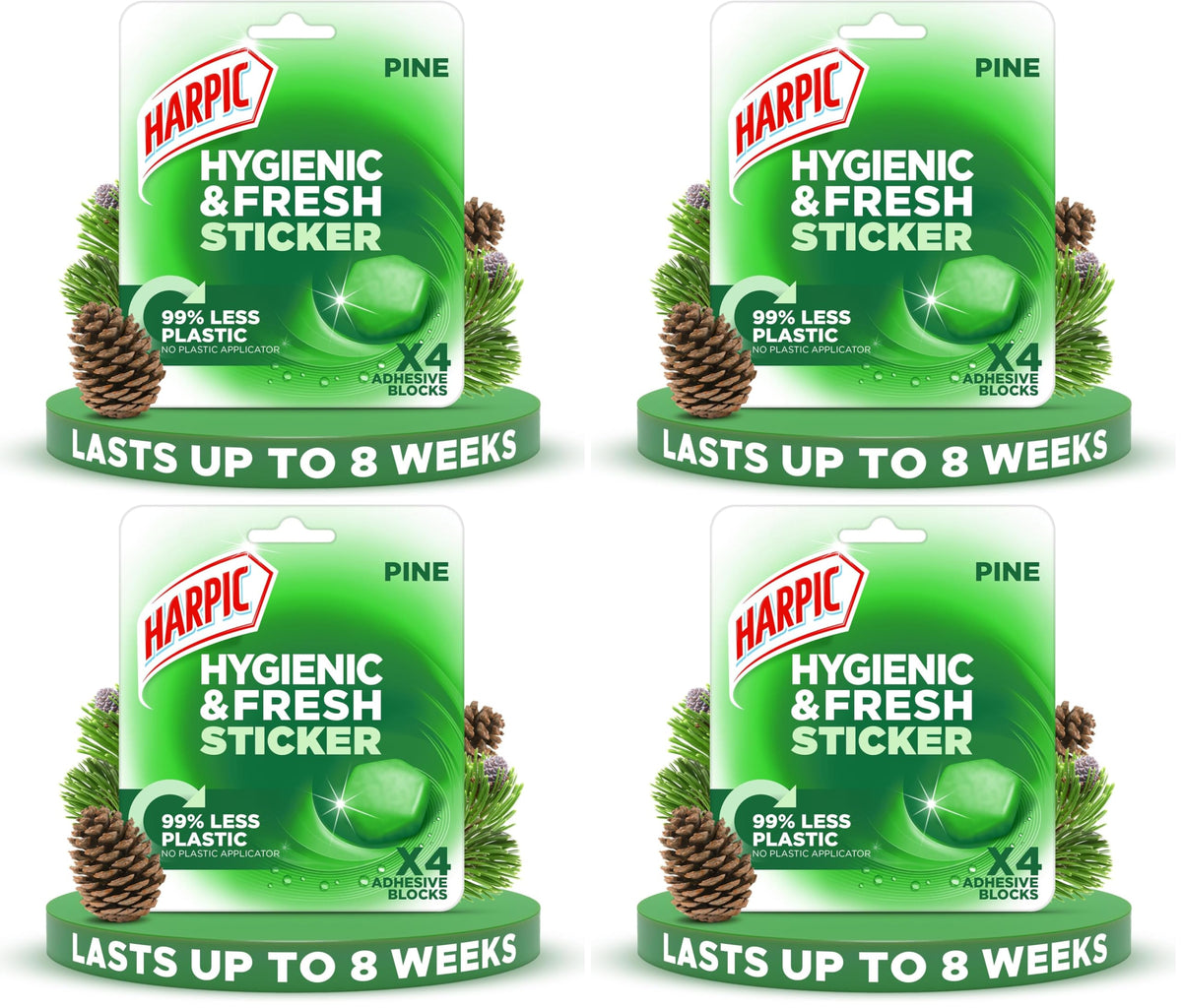 Harpic Hygienic Fresh Sticker Toilet Block - Long Lasting Fragrance, Pine Scent, Pack of 4