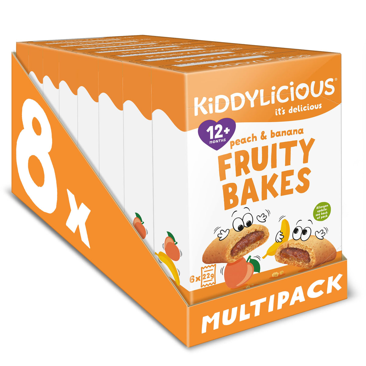 Kiddylicious Peach & Banana Fruity Bakes - Soft Baked Wholewheat Bars with Real Fruit Filling | 8 Count (Pack of 6)