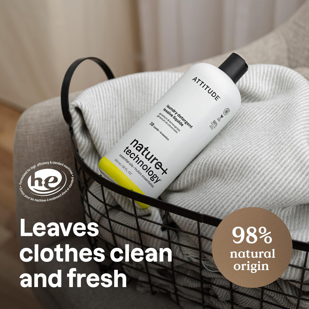 ATTITUDE Liquid Laundry Detergent - EWG Verified, Plant-Based, 38 Loads, Geranium & Lemongrass Scent