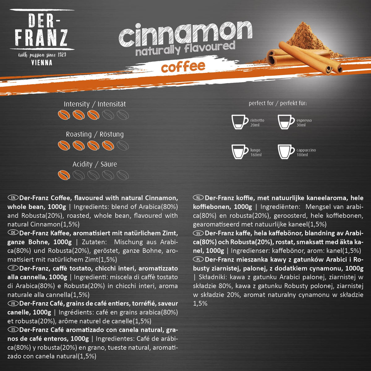 Der-Franz Cinnamon Flavoured Whole Coffee Beans - 1kg Bag | 80% Arabica, 20% Robusta Blend | Medium Roast 3