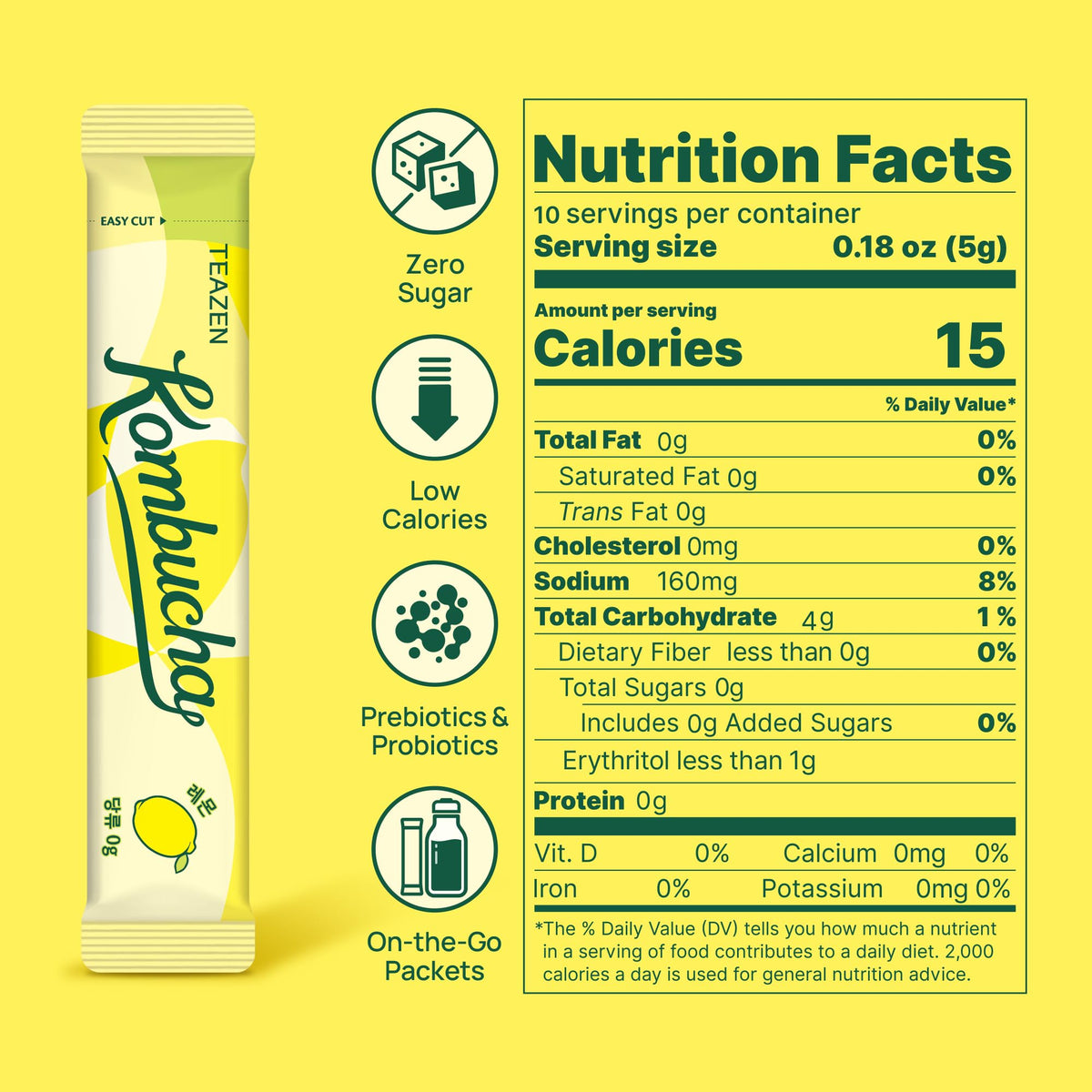 TEAZEN Lemon Kombucha Tea - Sugar Free, Live Probiotics, Portable Stick Mix 6