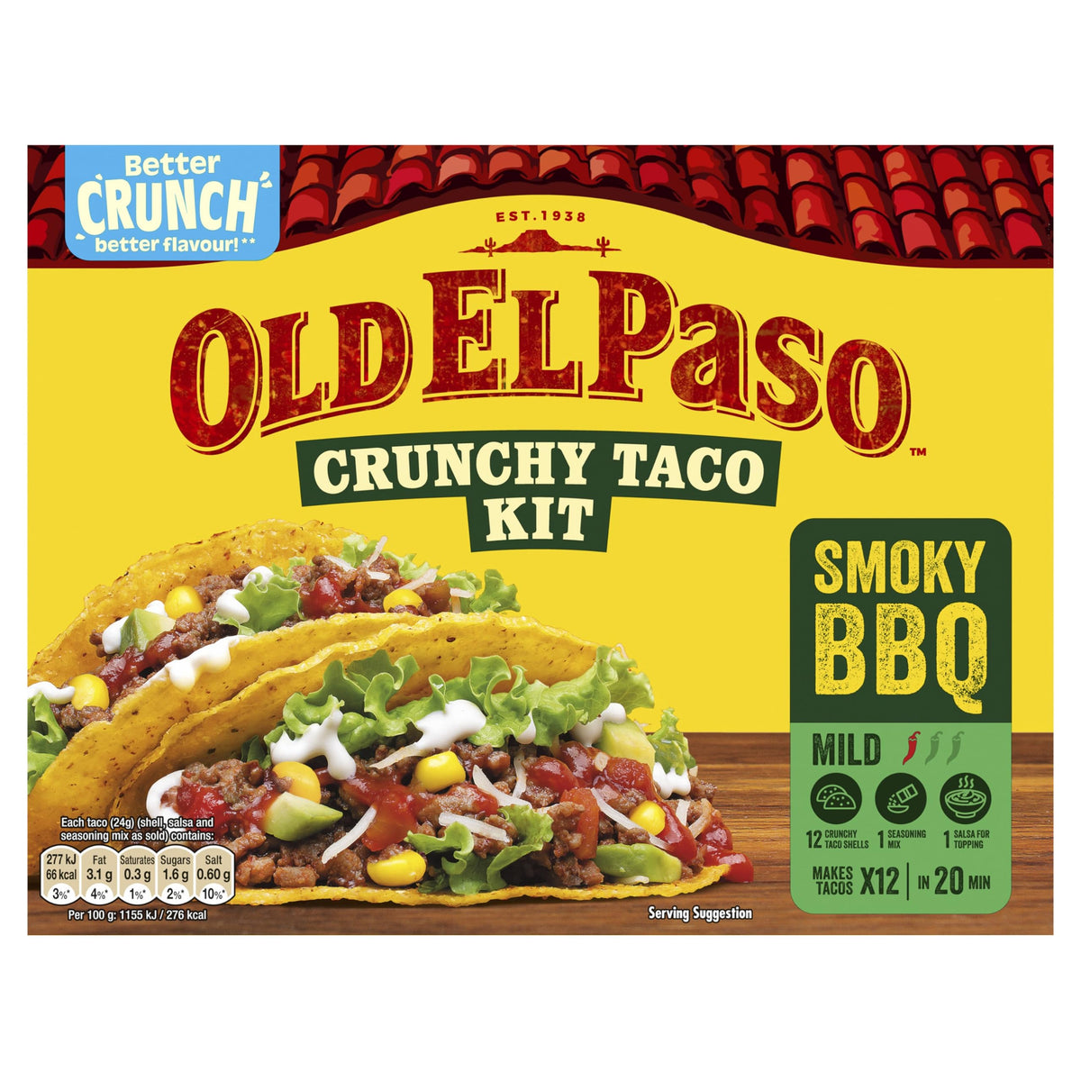 Old El Paso Smoky BBQ Crunchy Taco Kit - 12 Taco Shells, Smoky BBQ Seasoning Mix, Mild Salsa | 292G