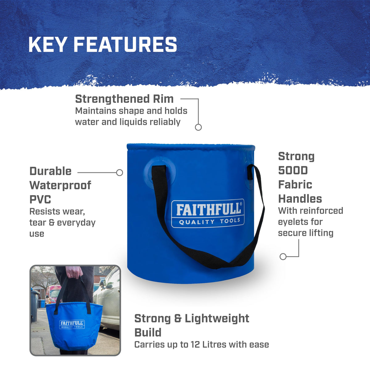 Faithfull 12 Litre Collapsible Bucket - Waterproof PVC | Lightweight | Compact Storage 4