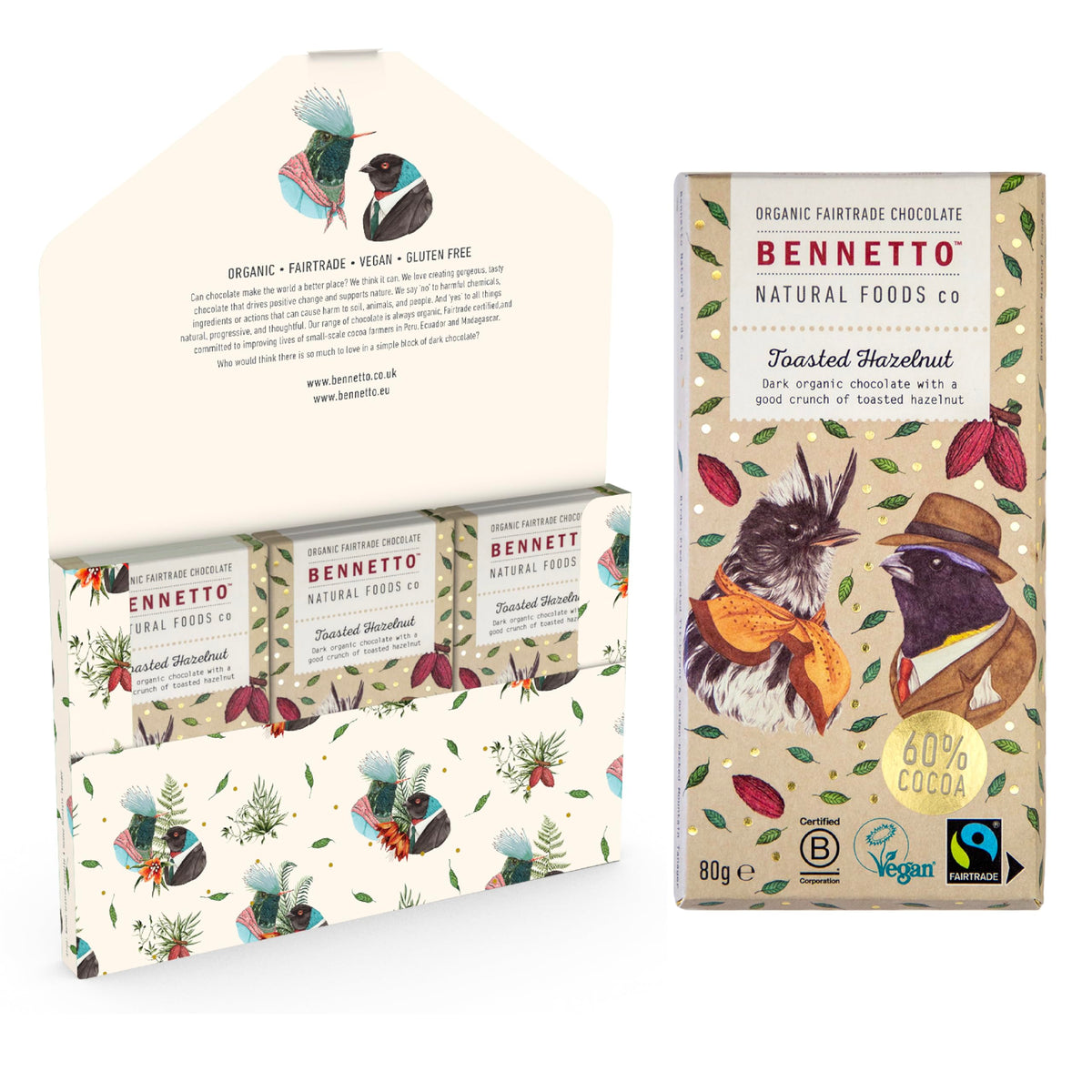 Bennetto Toasted Hazelnut Organic Dark Chocolate Bar - 6 Pack | Vegan | Gluten-Free