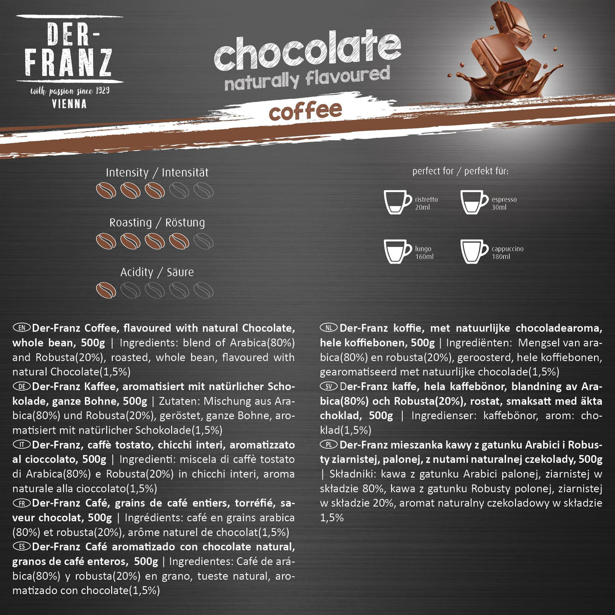 Der-Franz Chocolate Flavoured Whole Coffee Beans - 3 x 500g Pack | UTZ Certified | Intensity 3/5 3
