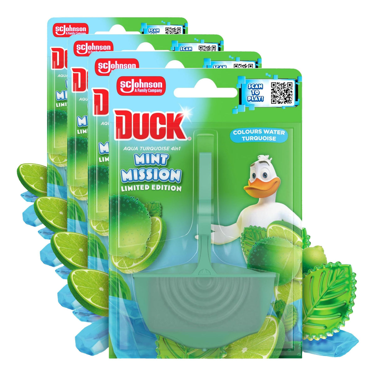DUCK Mint Mission Toilet Rim Block - Foaming Cleaner, Limescale Action, Colors Water Turquoise (4 Count)