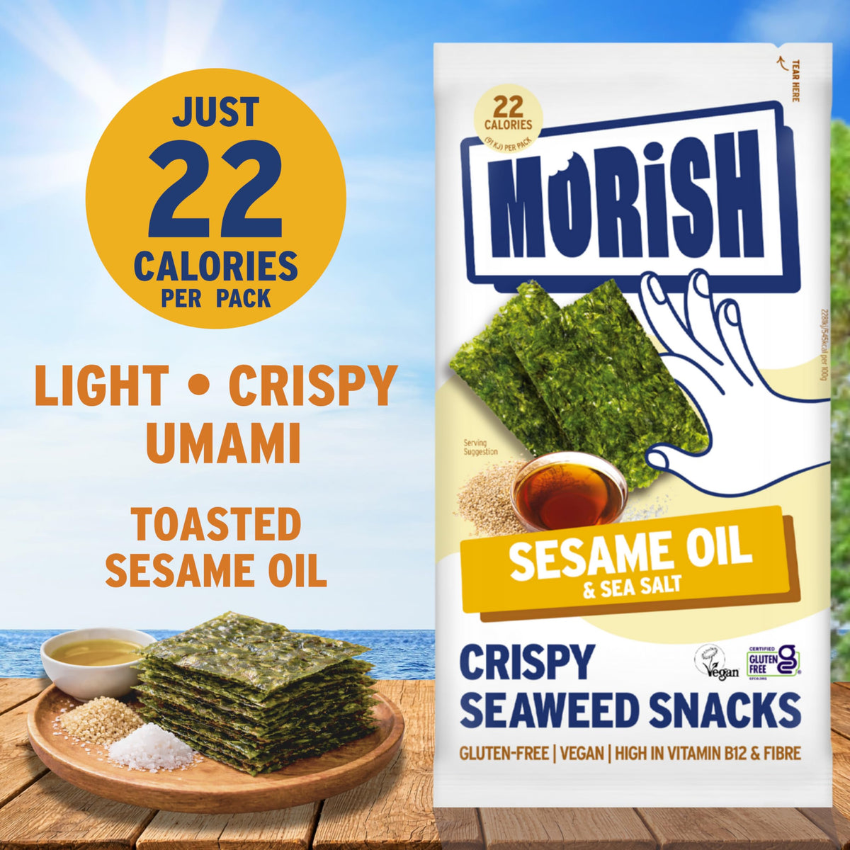 Morish Crispy Sesame Oil Seaweed Snacks - 5 Pack, 22 Calories Each