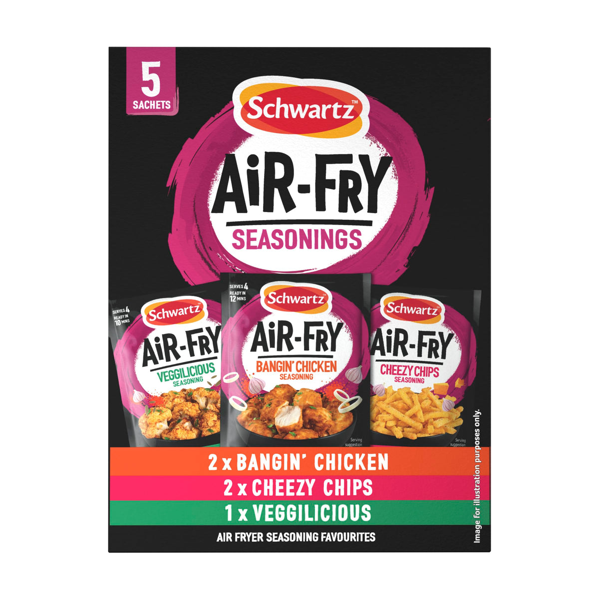 Schwartz Air Fryer Seasoning Selection Box - 5 Sachets | Bangin’ Chicken, Cheezy Chips, Vegetable