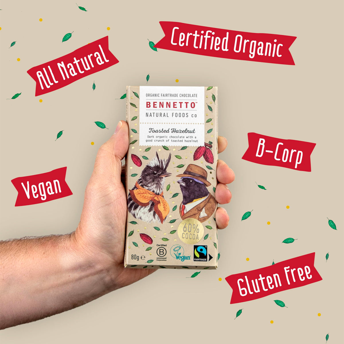 Bennetto Toasted Hazelnut Organic Dark Chocolate Bar - 6 Pack | Vegan | Gluten-Free