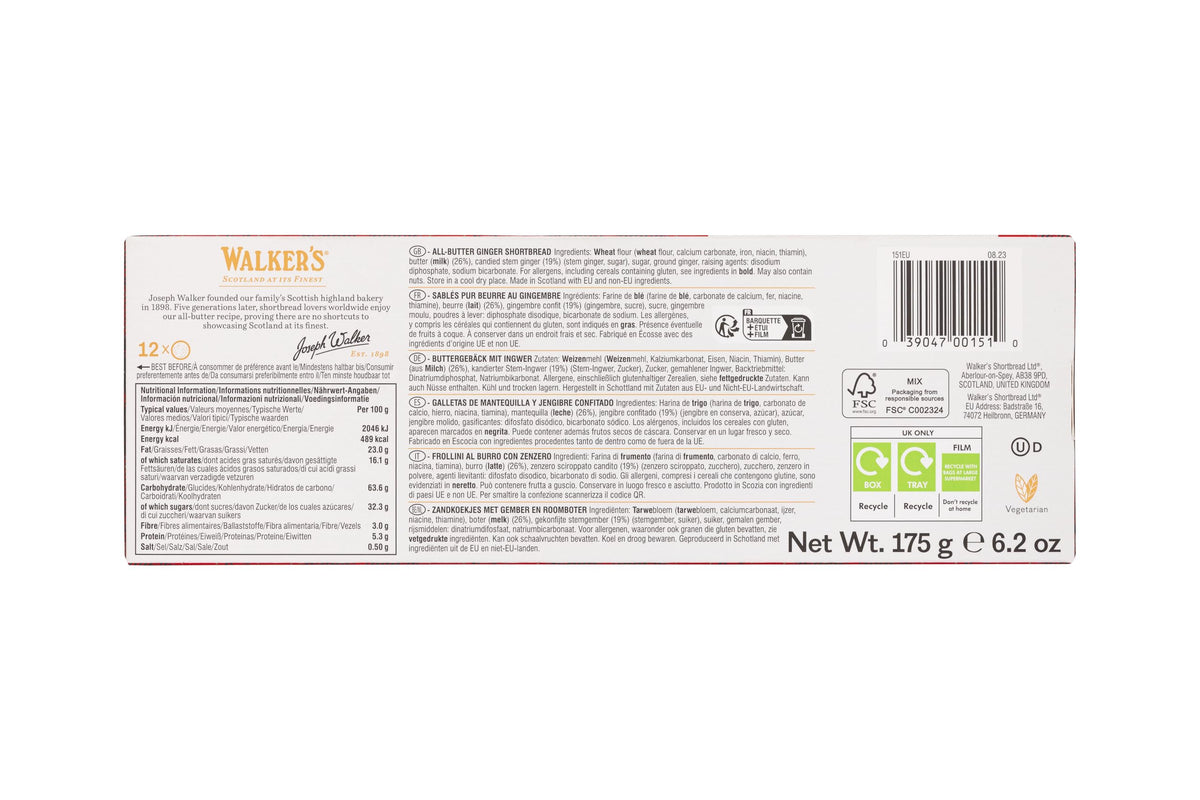 Walkers Stem Ginger Shortbread Rounds - 175g | Pure Butter Scottish Shortbread | Suitable for Vegetarians