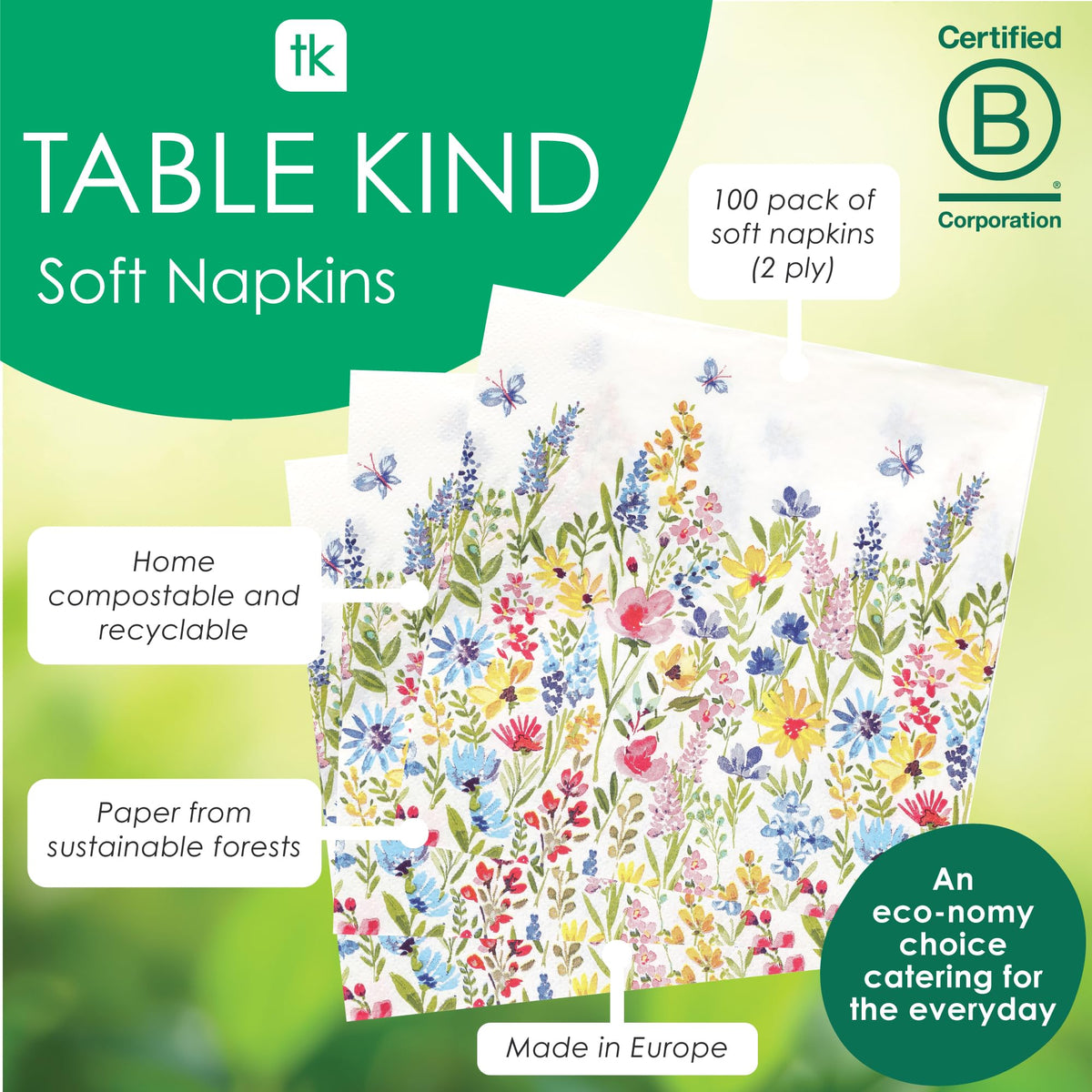 Talking Tables Table Kind Floral Napkins - 2 Ply, 33cm | Pack of 200