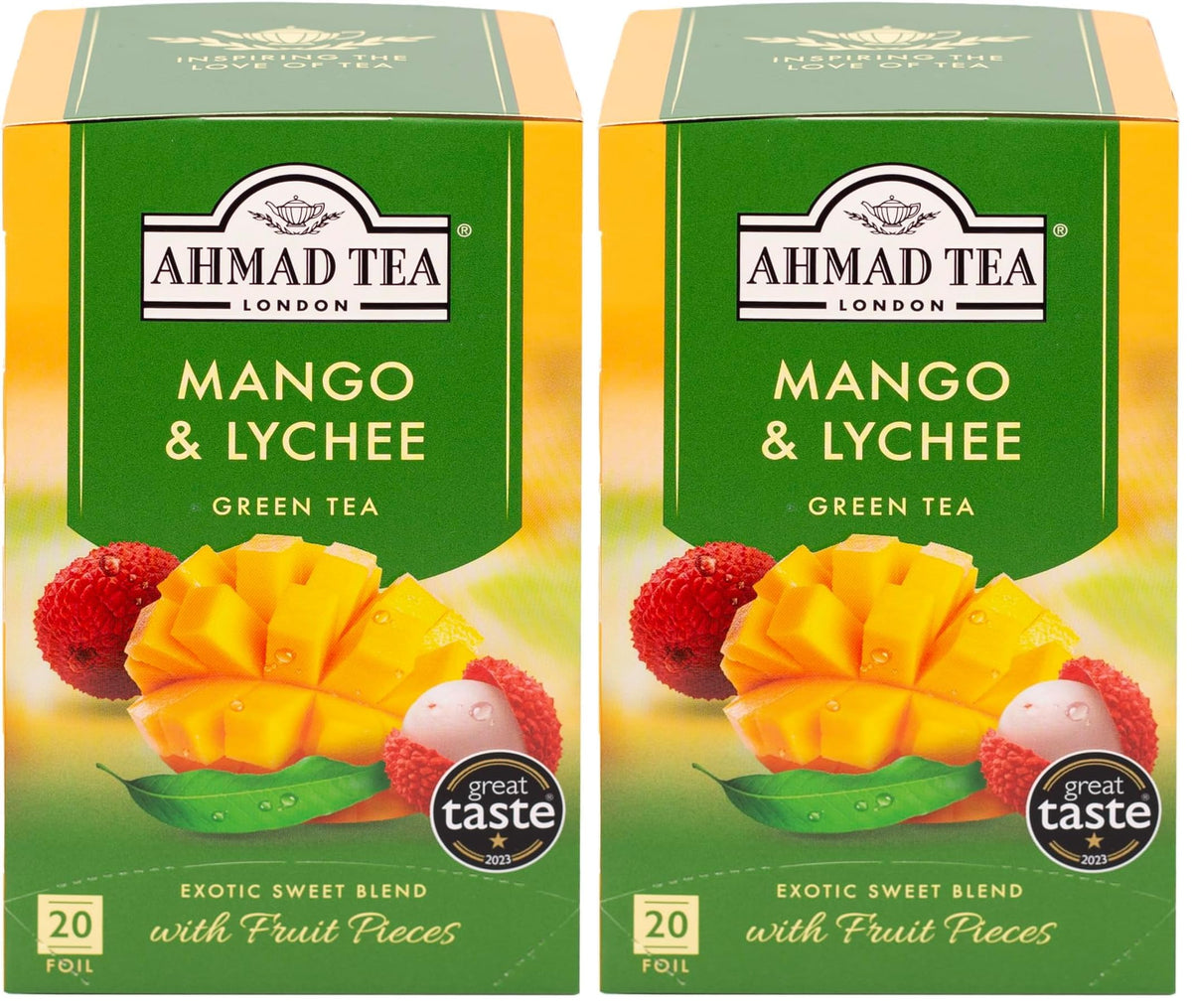 Ahmad Tea Mango & Lychee Green Tea - Exotic Flavor, Antioxidant Rich | 20 Teabags (Pack of 2)