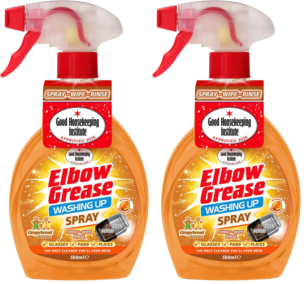 Elbow Grease Washing Up Liquid Spray - Fast-Acting Degreaser | 500ml (Pack of 2)