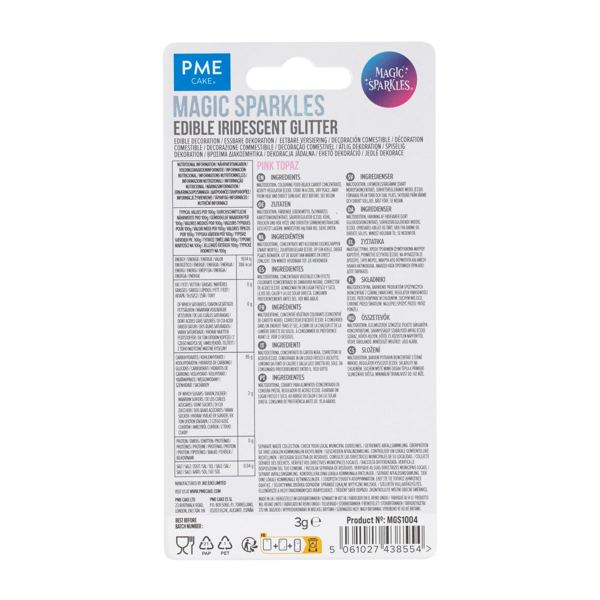 PME Magic Sparkles Edible Glitter - Pink Topaz, 3g