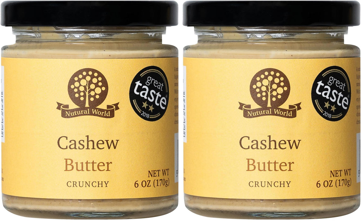 Nutural World Crunchy Cashew Butter - 100% Roasted Cashews, Great Taste Award Winner | 340g Pack of 2