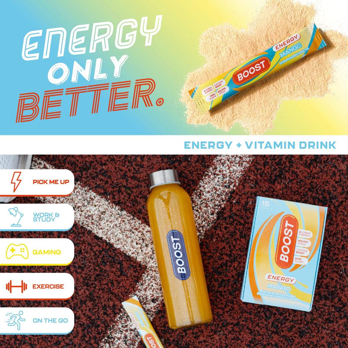 Boost Energy Powder Mango - Zero Sugar, 50mg Caffeine per Sachet | 6 x 5g Sachets 5