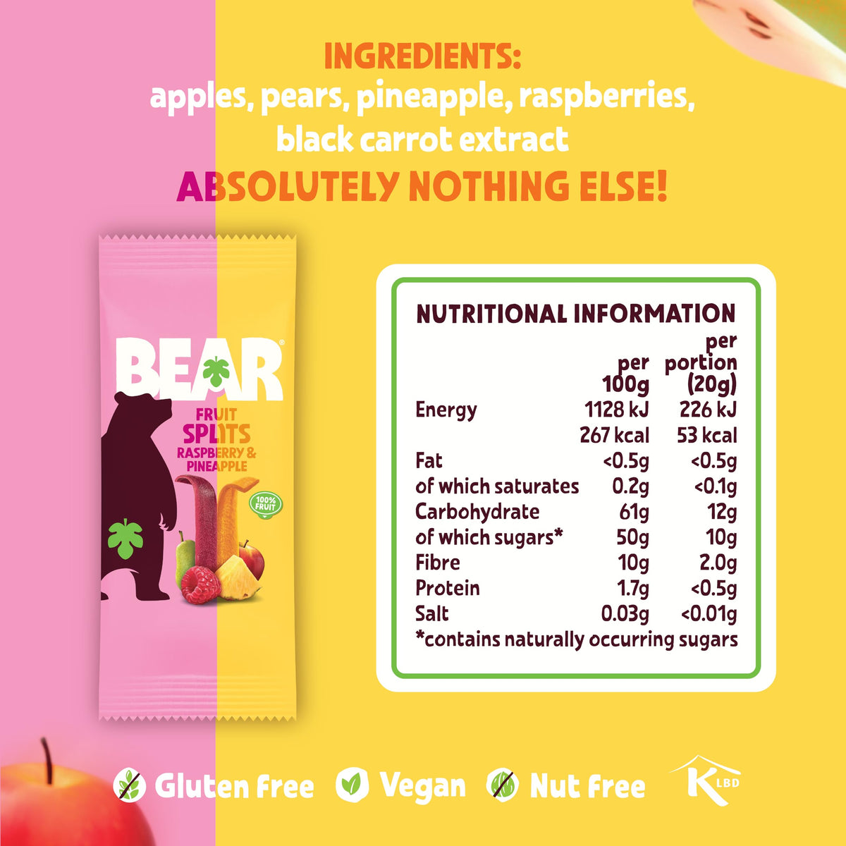 BEAR Fruit Splits Pineapple & Raspberry - 18 Pack | 100% Fruit | High Fibre