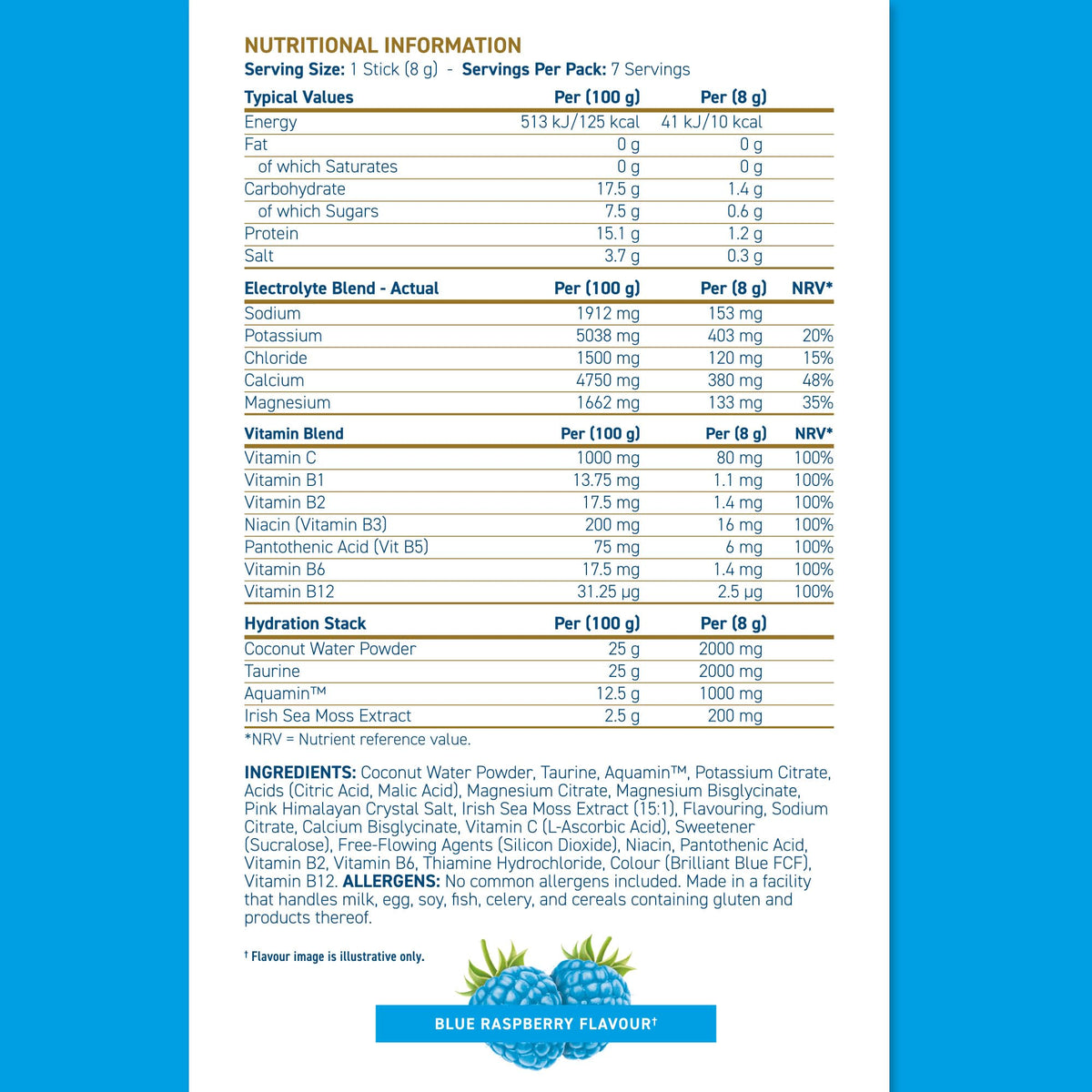 Applied Nutrition Hydration+ Electrolyte & Vitamin Sticks - Rapid Hydration & Energy | 7 Servings | Blue Raspberry 7