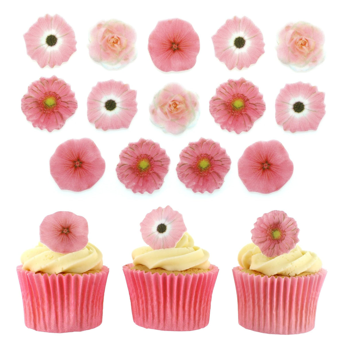 Culpitt Pink Flower Edible Cupcake Toppers - 32 Pack | Fondant Sugar Paste | 30mm Diameter