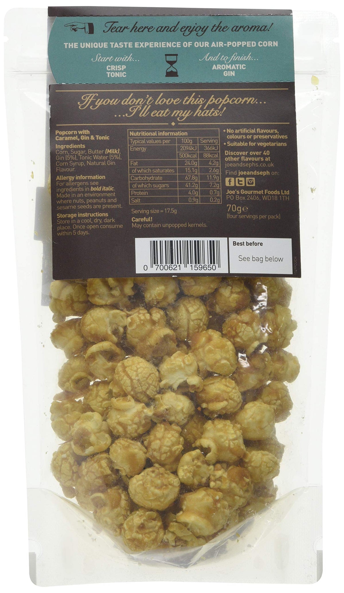 Joe & Seph's Gin & Tonic Popcorn Pouch - 70g