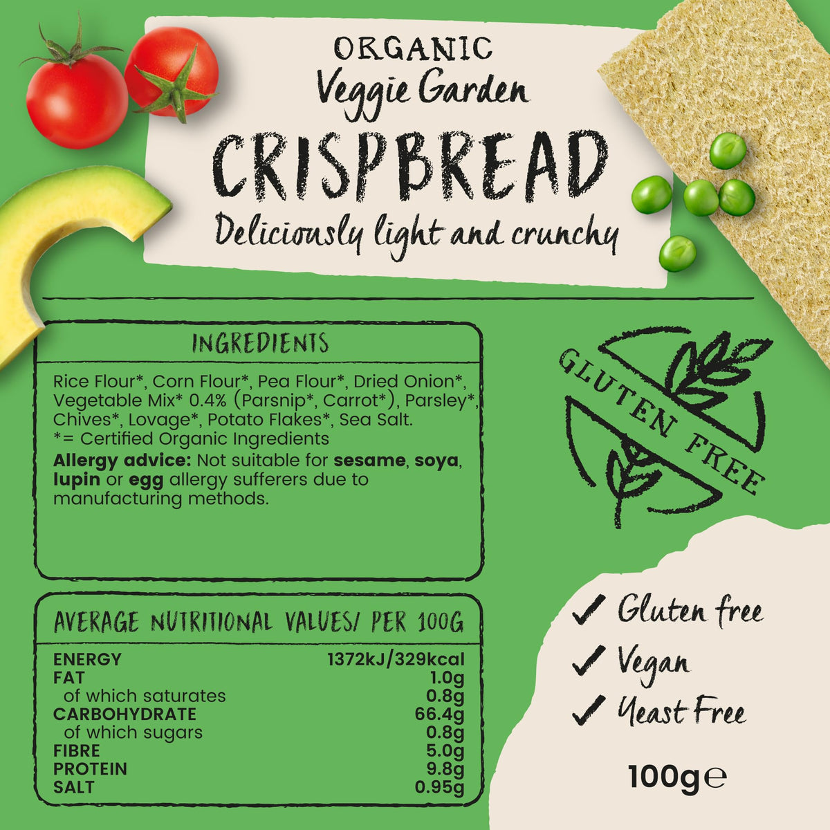 Amisa Organic Veggie Garden Crispbread - Gluten-Free, Vegan | 100g (Pack of 2)