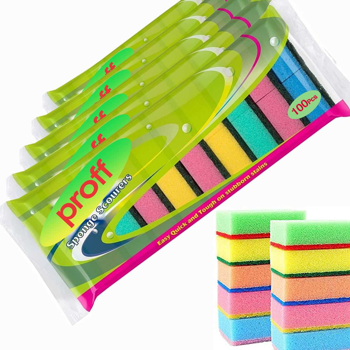 Proff Cleaning & Washing Up Sponge Scourers - Pack of 100 | Foam | Mix Colours