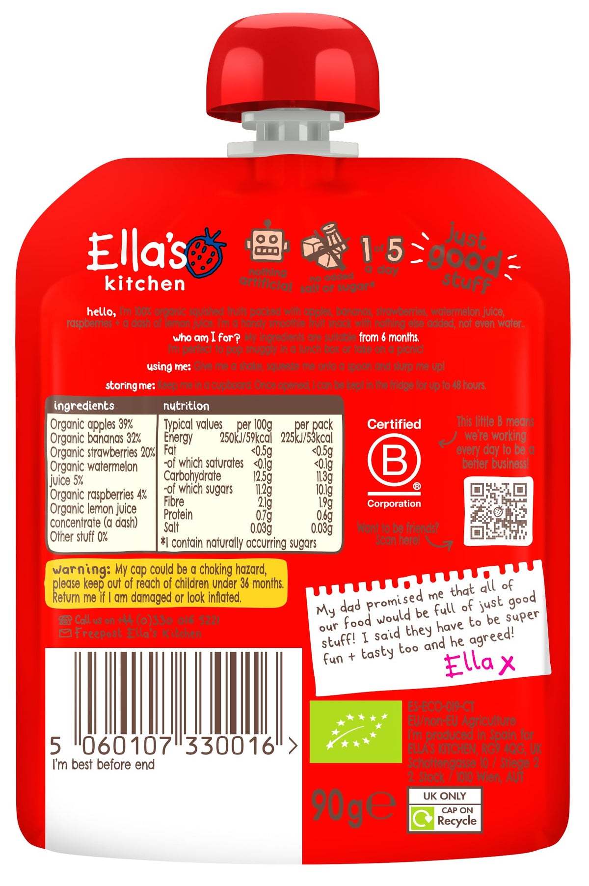 Ella's Kitchen Red One Smoothie - Organic Fruit Blend, Pack of 12, 1080g