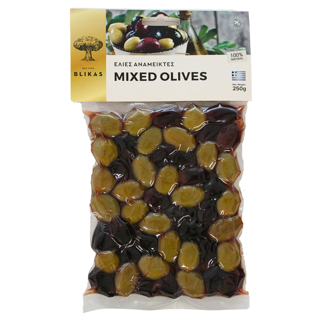 Blikas Greek Mixed Green & Kalamata Olives - 2 x 250g Pouches (Total 500g)