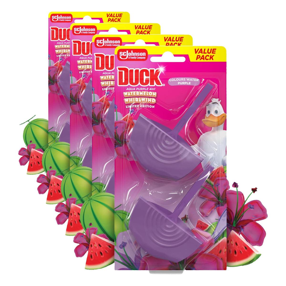 DUCK Watermelon Whirlwind Toilet Rim Block - Foaming Action, Anti-Limescale, Purple Colour | 4 x 2 Count