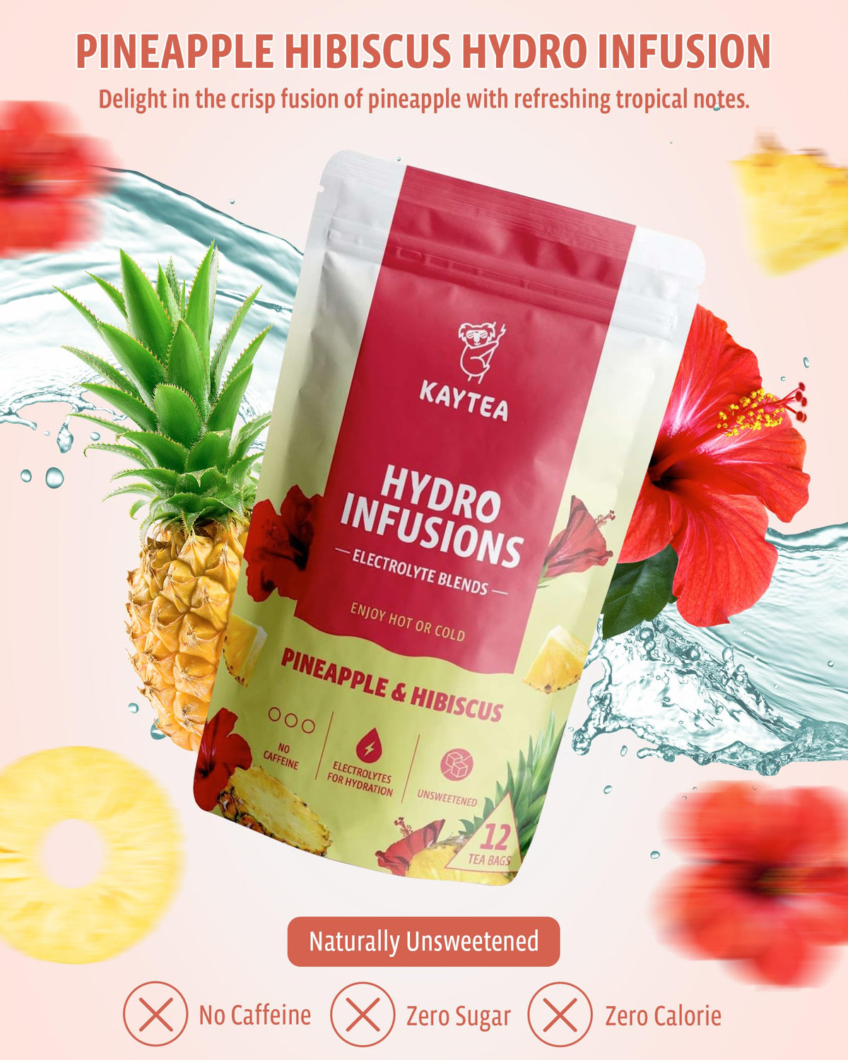 KAYTEA Pineapple & Hibiscus Herbal Fruit Tea - 12 Hydro Infusion Bags