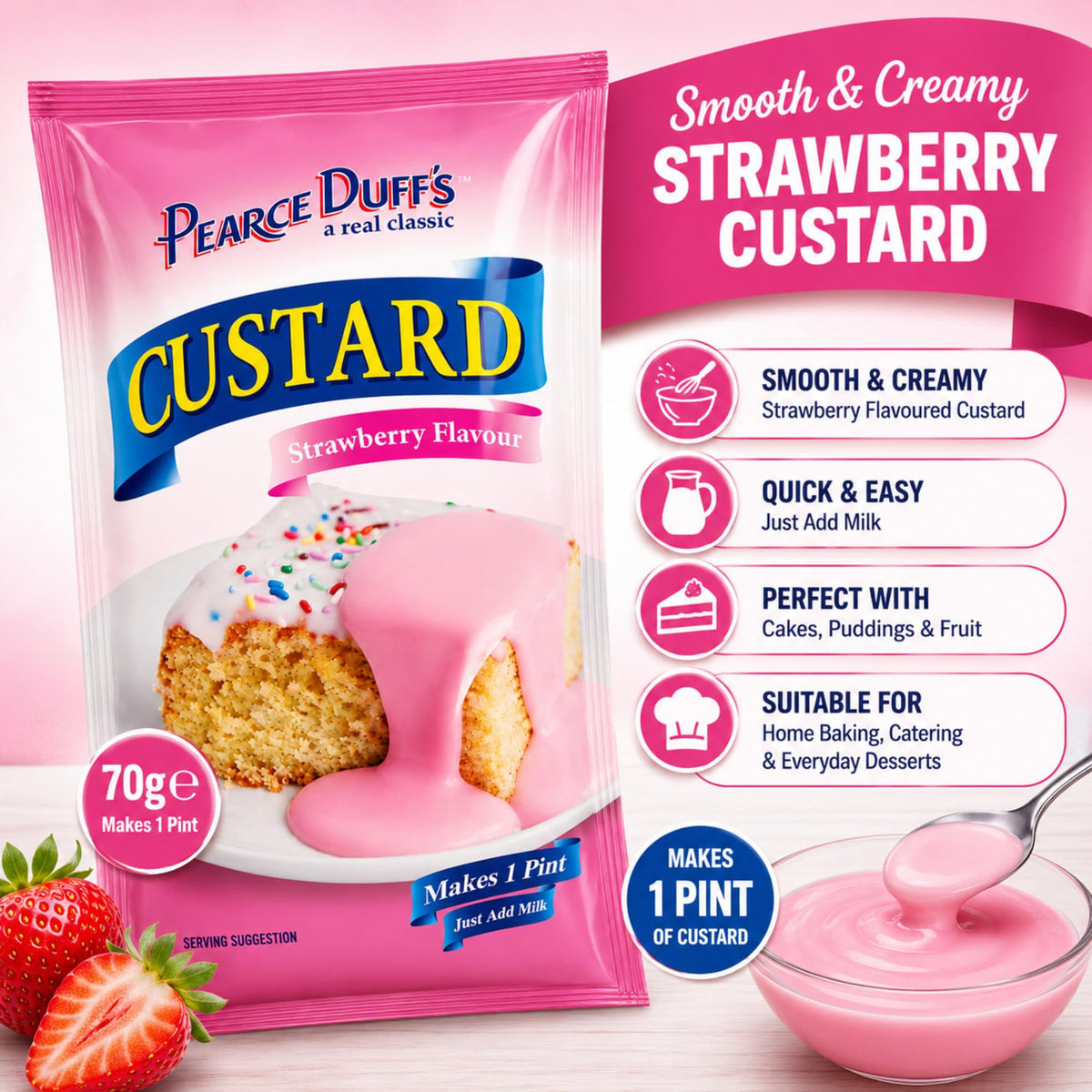 Pearce Duffs Strawberry Custard Powder - Instant Dessert Mix | 12 x 70g Sachets 3
